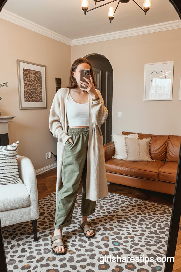 Long Cardigan, Crop Top, and Loose Pants for a Relaxed Living Room Welcome