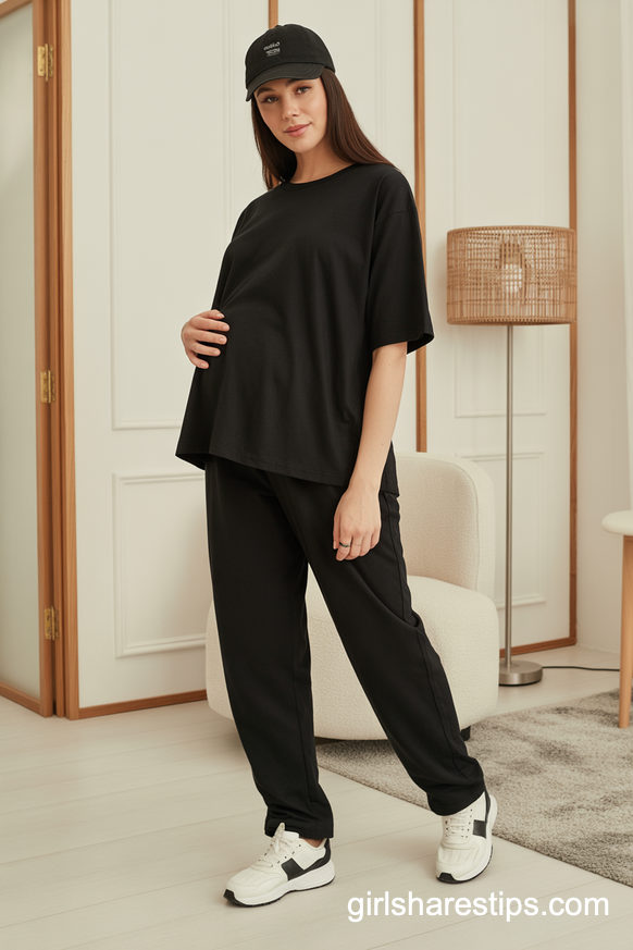 All-Black Maternity Set with Sneakers for a Sleek Minimalist Exit Look