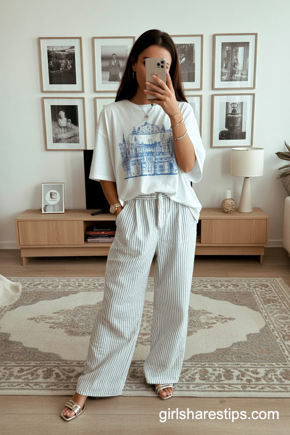 Graphic Tee and Wide-Leg Pinstripe Pants for a Relaxed Yet Polished Arrival