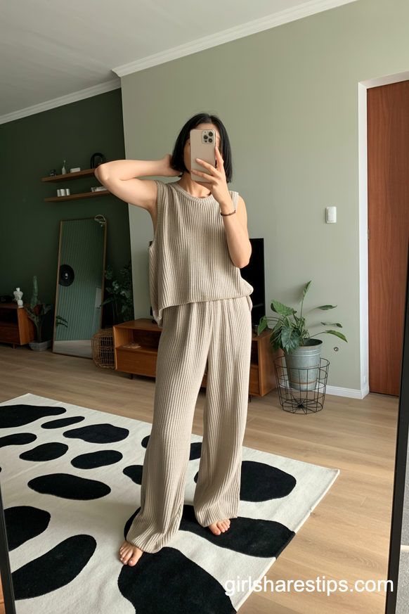 Beige Sleeveless Knit Set for Breezy Postpartum Lounging at Home