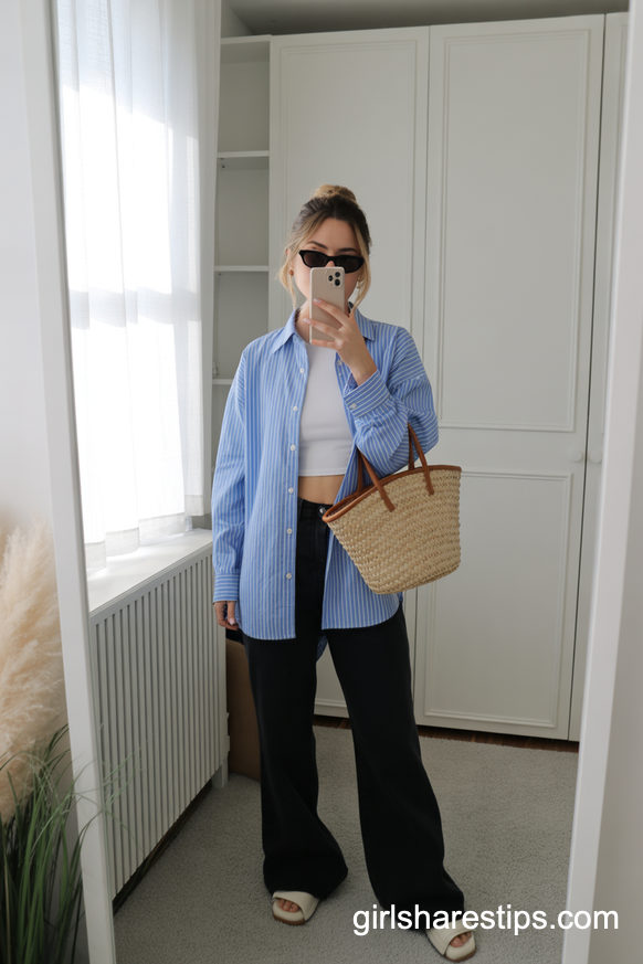 Striped Button-Down, Crop Top, and Wide-Leg Pants for a Light and Airy Closet Selfie Look