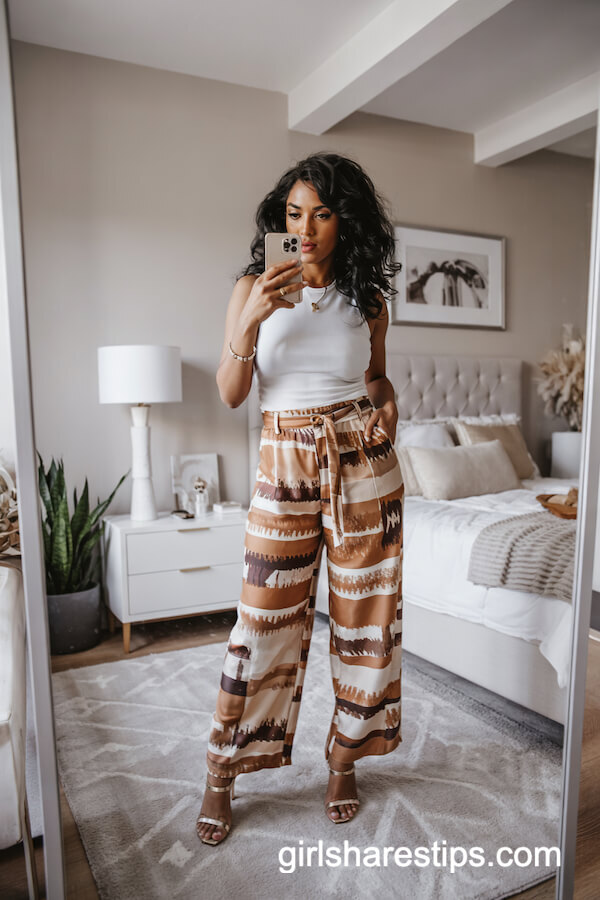 Patterned Pants & White Top Sophisticate