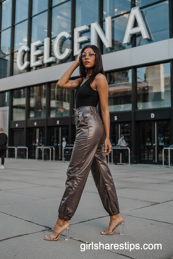 Metallic Pants & Sleek Bodysuit Shine