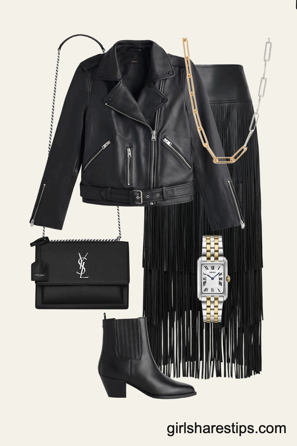 Rock 'n' Roll Chic: Leather Moto Jacket & Fringe Skirt