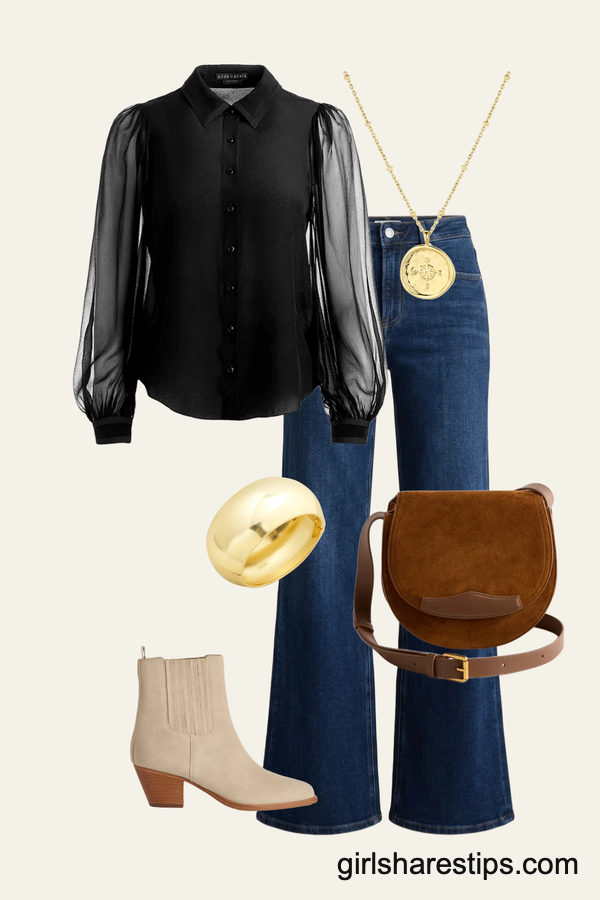 Elevated Boho: Sheer Blouse & Flare Denim