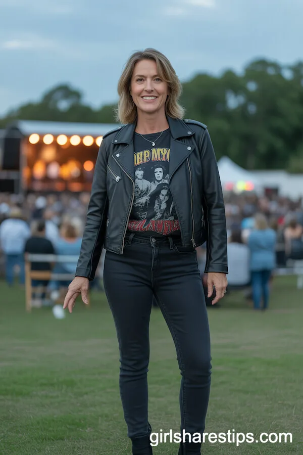 Edgy Chic: Leather Jacket and Vintage Band Tee with Skinny Jeans