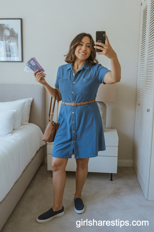Effortless Denim: Button-Up Denim Dress with Slip-On Sneakers