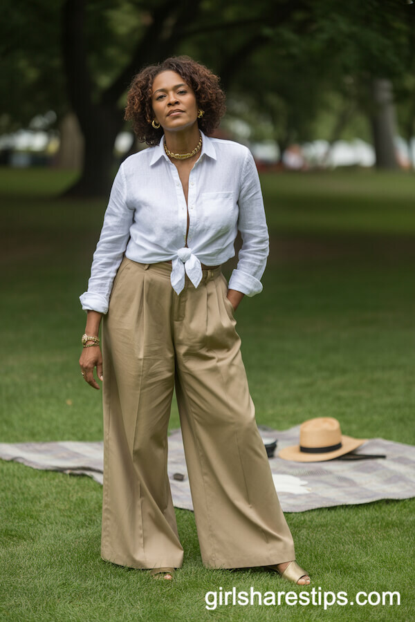 Laid-Back Elegance: White Linen Shirt and Wide-Leg Pants