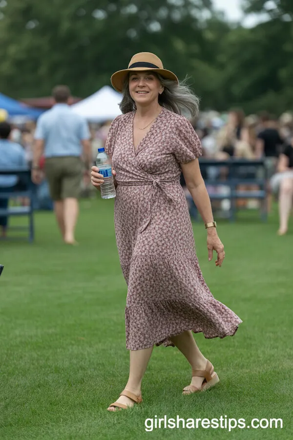 Fresh Florals: Flowery Wrap Dress with Sunhat and Sandals