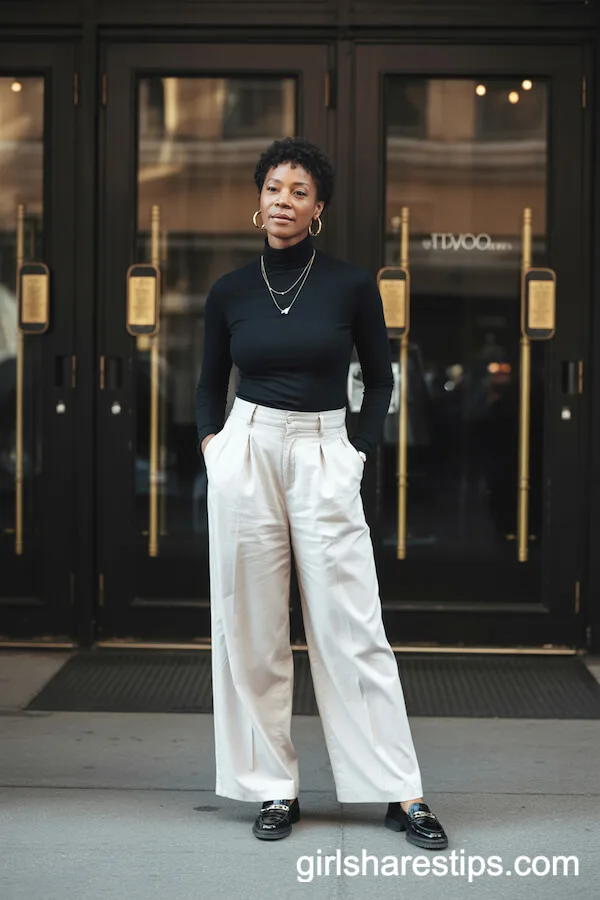 Monochrome Sophistication: Black Turtleneck and White Trousers
