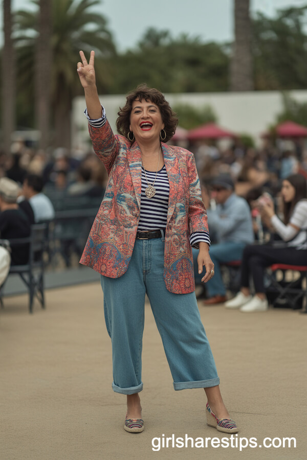 Bold Mix: Patterned Blazer and Striped Top with Relaxed Jeans