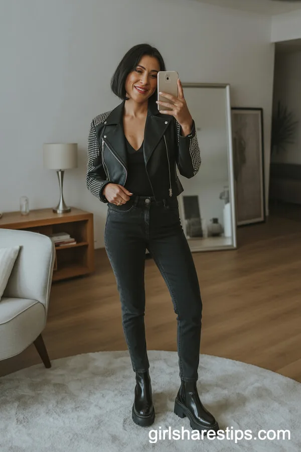 Rock Star Attitude: Studded Jacket with V-Neck Top and Boots