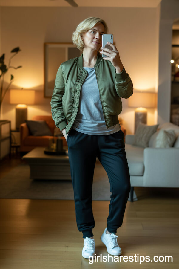 Urban Classic: Olive Bomber Jacket, Tee, and White Sneakers