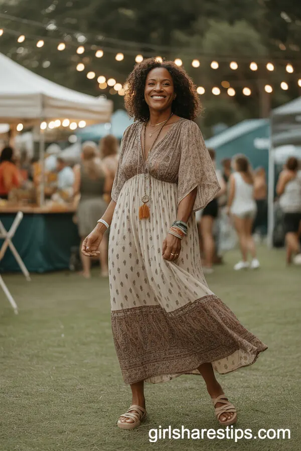 Bohemian Vibes: Patterned Maxi Dress and Layered Necklaces