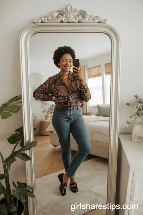 Pattern Play: Trendy Blouse with Fitted Jeans and Loafers