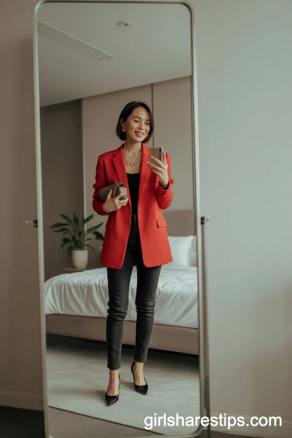 Bright Blazer, Skinny Jeans, and Bold Necklace