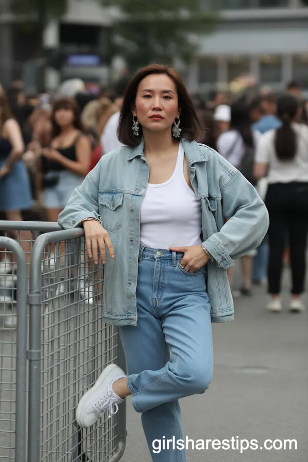Casual Cool: Denim Jacket, Tank Top, and Statement Sneakers