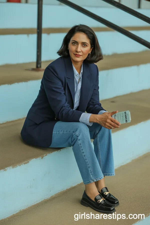 Polished Layers: Navy Blazer Over Striped Shirt and Jeans