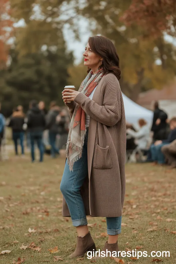 Cozy Comfort: Long Cardigan, Printed Scarf, and Ankle Boots