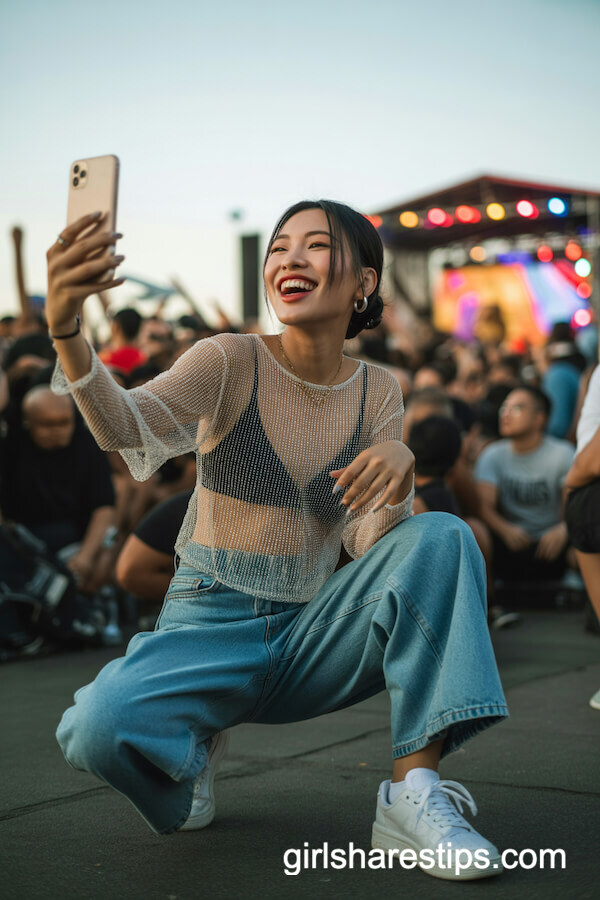 Sheer mesh top layered over bralette with baggy jeans and fresh sneakers