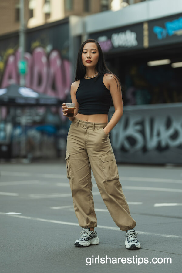 Khaki cargo pants and black crop top with sporty chunky sneakers