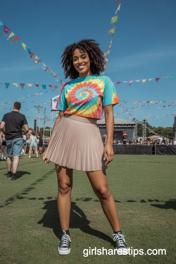 Bright tie-dye tee and pleated tennis skirt with classic sneakers