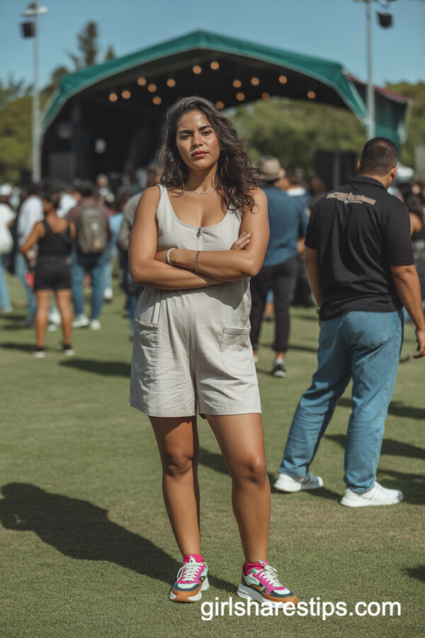 Casual sleeveless romper with bold colorful sneakers