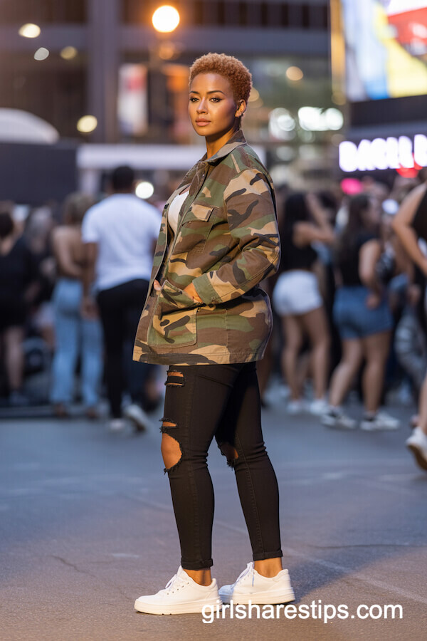 Camo utility jacket and ripped skinny jeans with fresh white sneakers