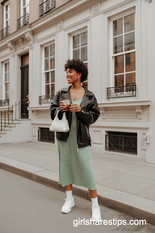 Green patterned midi slip dress with leather jacket and crisp sneakers