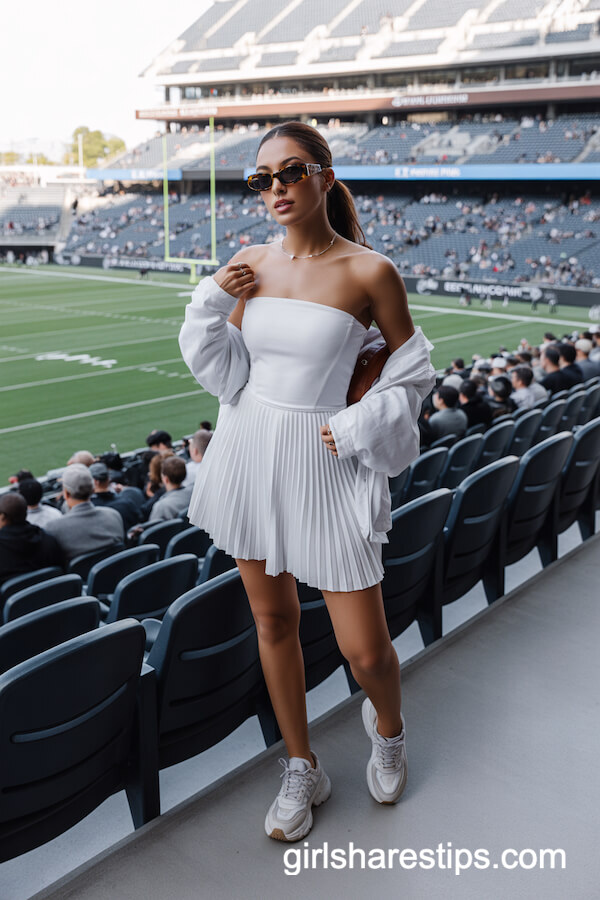 Strapless white mini dress with chunky light-colored sneakers