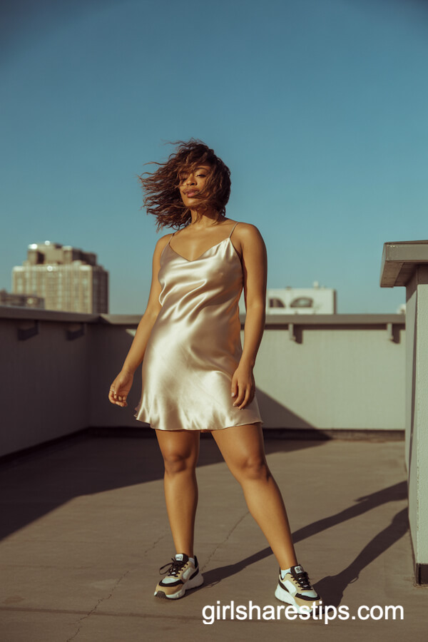 Satin slip dress with contrasting sporty sneakers