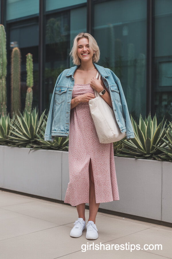 Pink midi dress with denim jacket and clean white sneakers