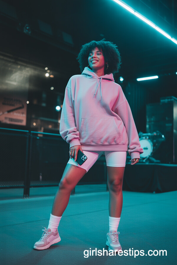 Oversized pastel hoodie and biker shorts with coordinating sneakers