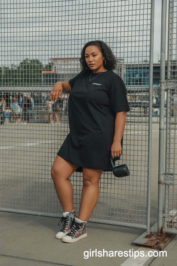 Sporty t-shirt dress with eye-catching high-top sneakers