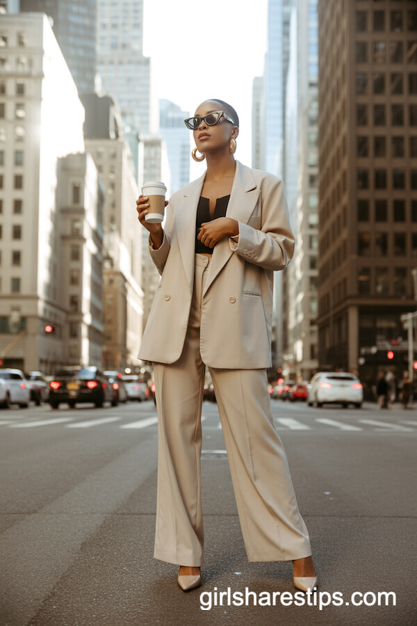 Sharp Beige Power Suit with Oversized Blazer