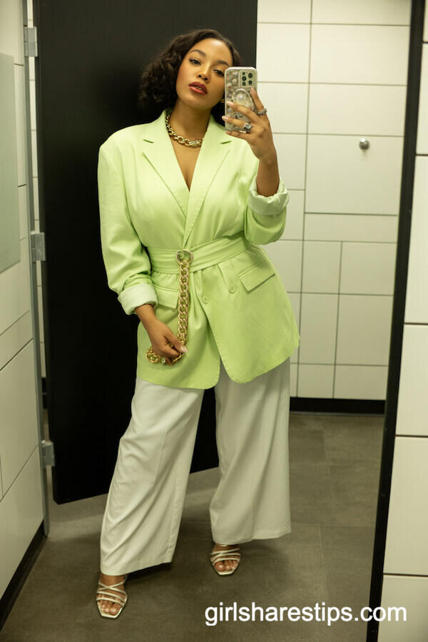 Cinched Neon Pastel Blazer with Wide-Leg White Pants