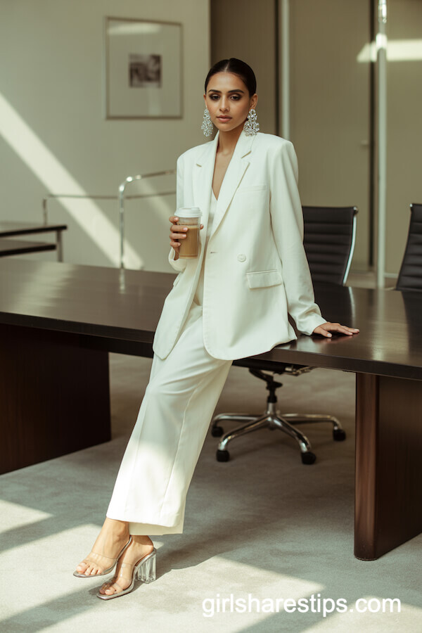 All-White Power Suit with Sculptural Earrings
