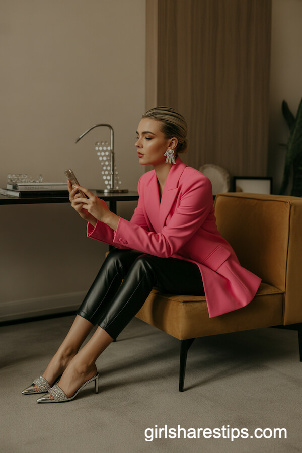 Hot Pink Structured Blazer with Black Cigarette Pants