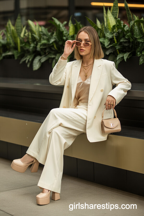Cream Oversized Double-Breasted Suit with Silk Camisole