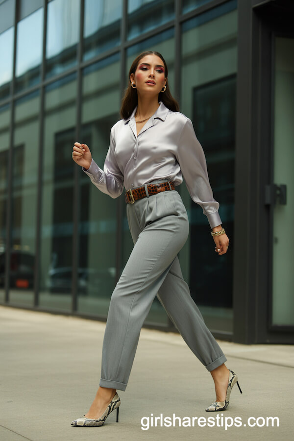 Gray Ultra-High-Waist Trousers with Silk Blouse