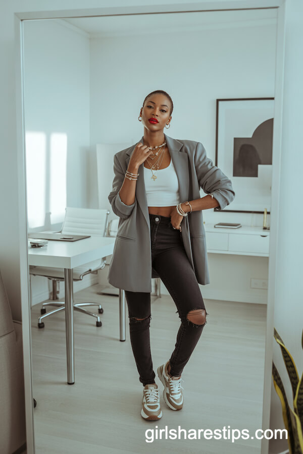Gray Oversized Blazer with Ripped Black Jeans