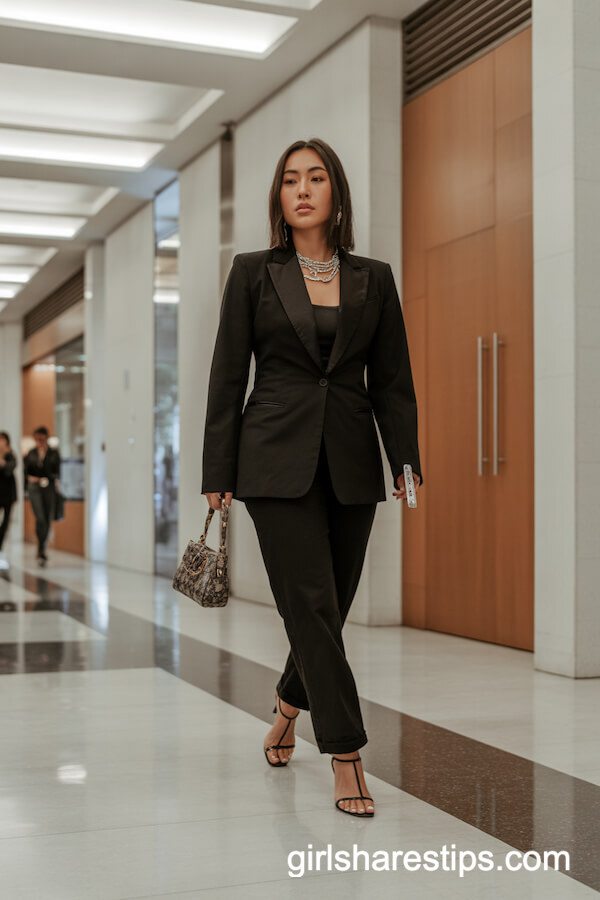 All-Black Fitted Suit with Chunky Silver Jewelry