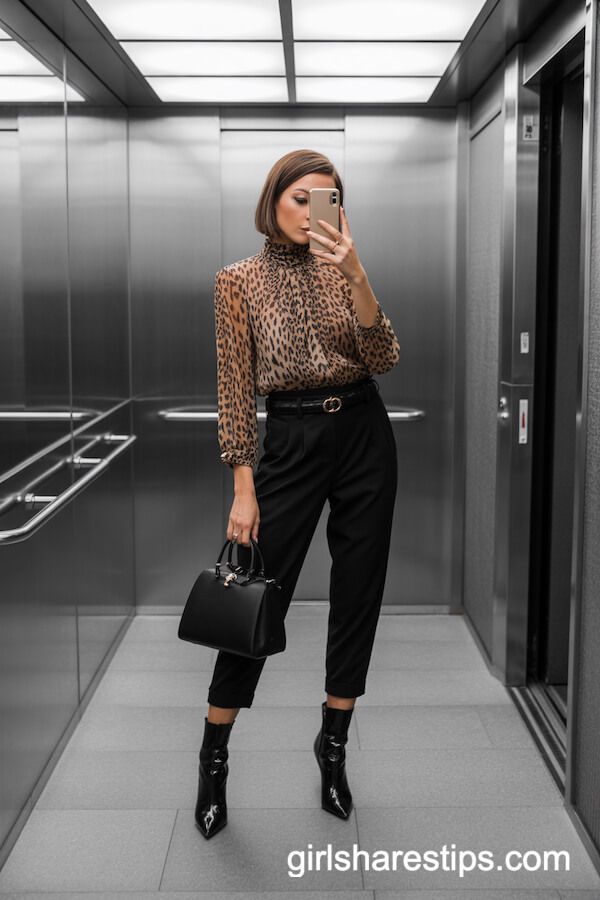 Leopard Print Blouse with Black Cigarette Pants