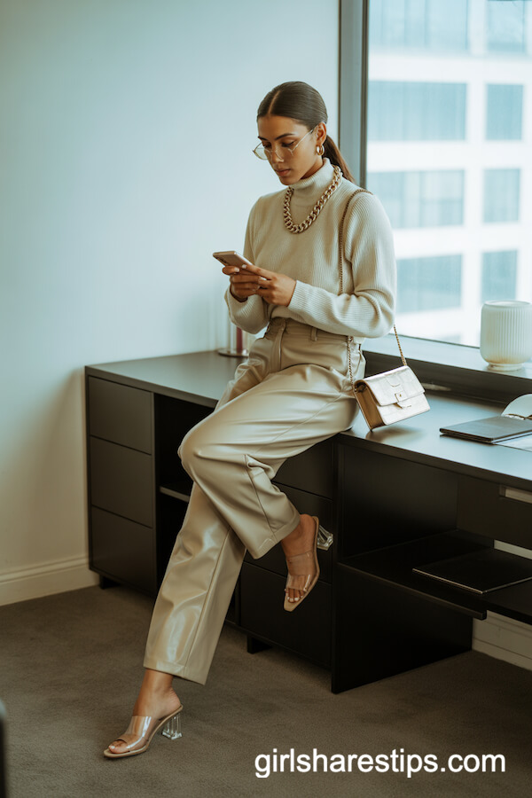 Cream Cashmere Turtleneck with Glossy Faux Leather Pants