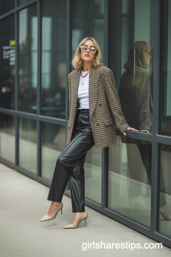 Bold Plaid Cropped Blazer with Black Leather Pants