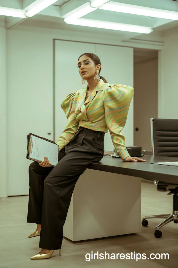 Neon Printed Silk Blouse with Black Tailored Pants