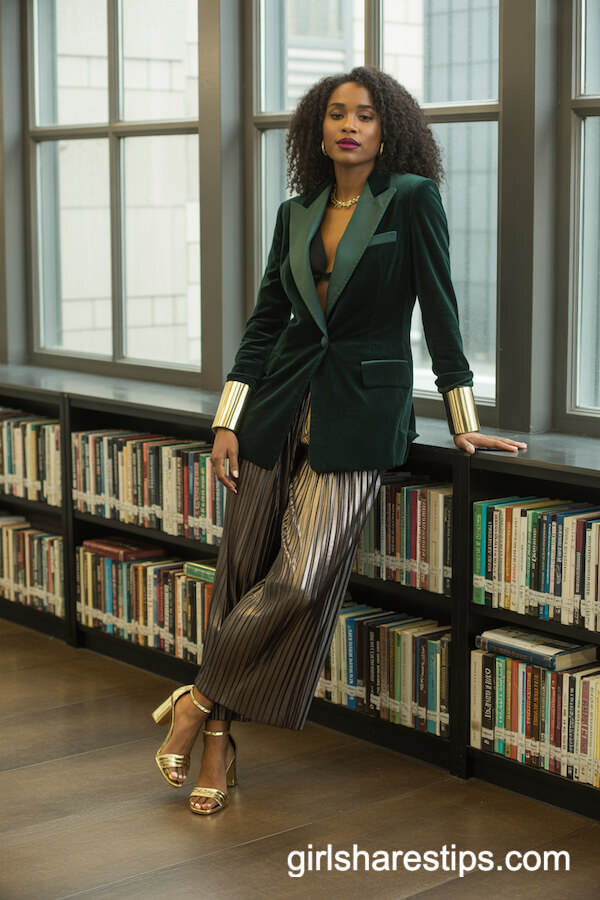 Deep Green Velvet Tuxedo Blazer with Metallic Pants