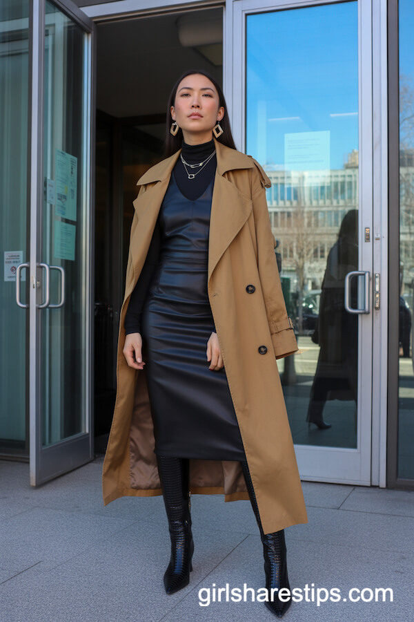 Tan Belted Trench Coat over Black Midi Dress