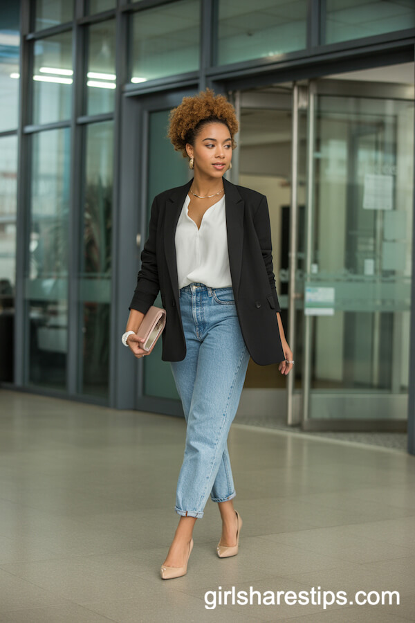 Black Blazer, White Blouse, and Classic Jeans Outfit