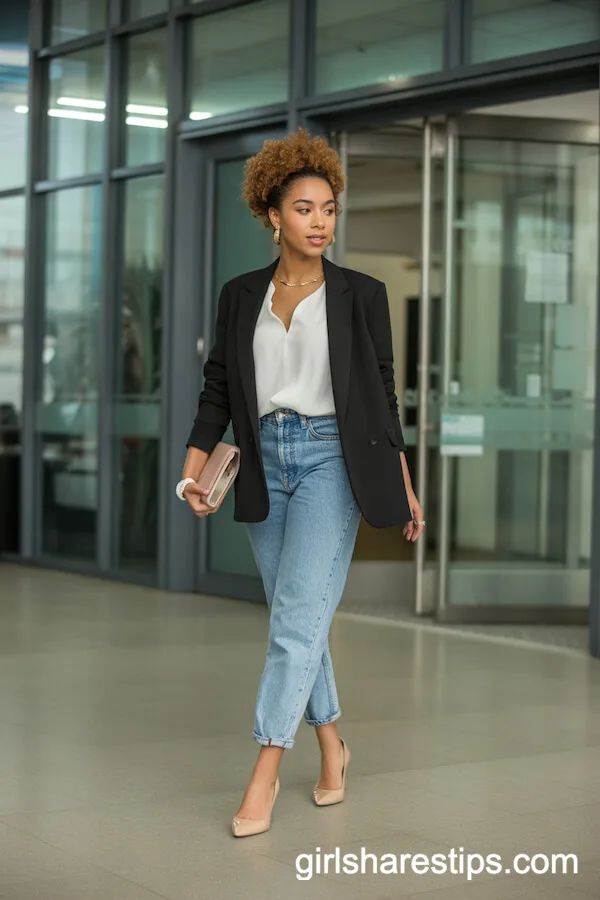 Black Blazer, White Blouse, and Classic Jeans Outfit